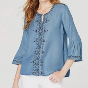 J Jill Denim Tunic Top Embroidered Chambray In Blue Size XL